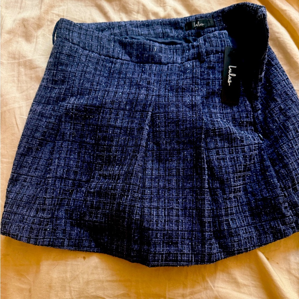 Adored Pose Navy Blue Tweed Lurex Pleated High-Rise Skort